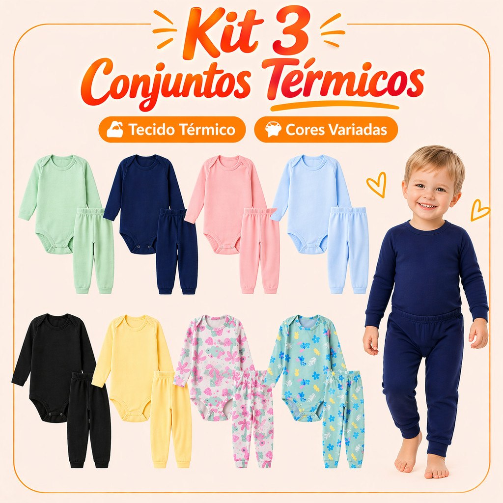 🛍️ Kit 6 Peças Conjunto Térmico 3 Bodys + 3 Calças Infantil para Bebe Menino e Menina Pel