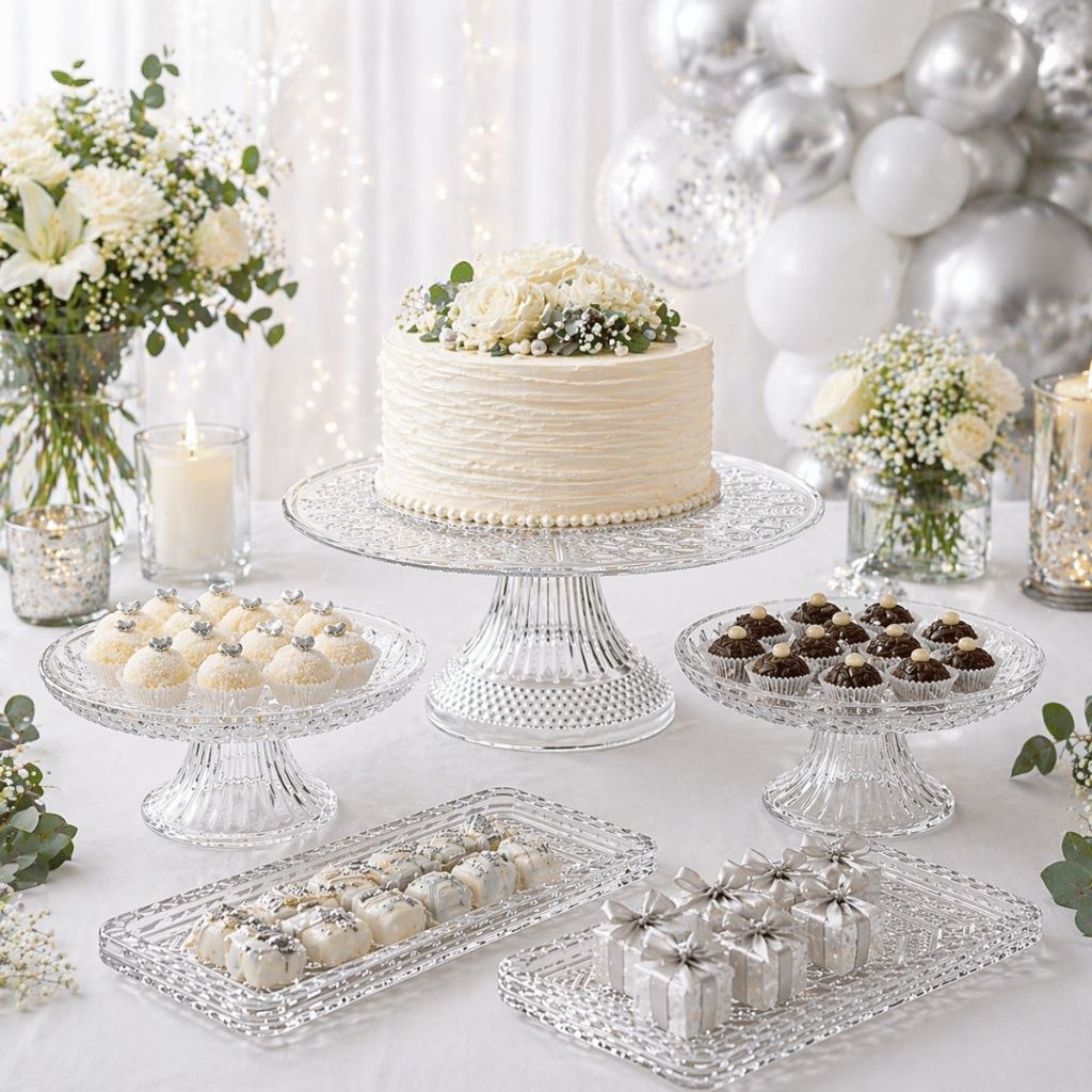 - Kit Festa 5 itens | 1 Boleira 30cm + 2 Doceira 12cm + 2 Bandejas Aniversário Casamento U
