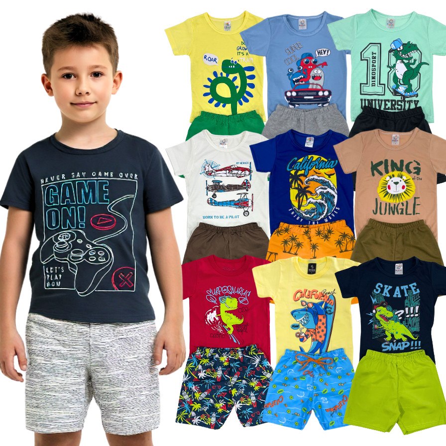 🛍️ Kit 10 peças 5 Conjunto Verão Infantil Menino Camiseta + Bermuda Roupa Masculina Bebê