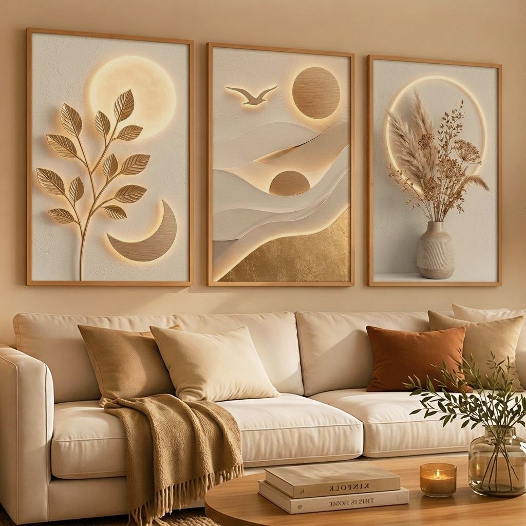 - Kit 3 Quadros Arte Floral 3D Dourado Premium Decoração Sala De Estar Moderna Elegante Lu