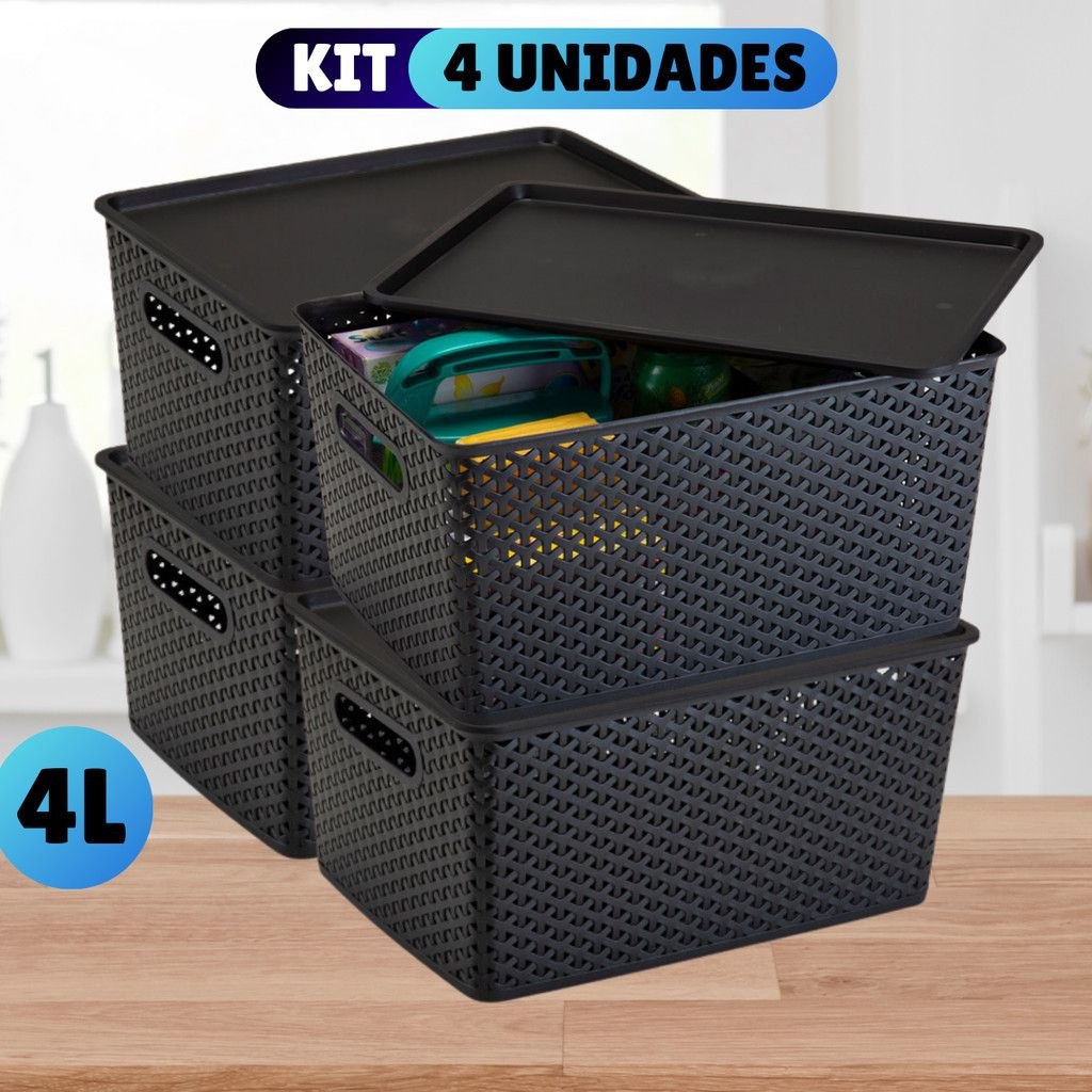 - Kit Com 4 Cesto Caixa Organizadora Rattan Com Tampa  4 Litros Preto