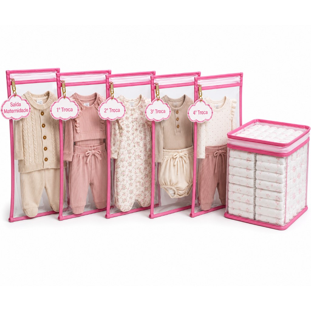 🛍️ Kit 5 Saquinhos Maternidade Zíper com TAG de Identificação + 1 Nécessaire Porta Fralda