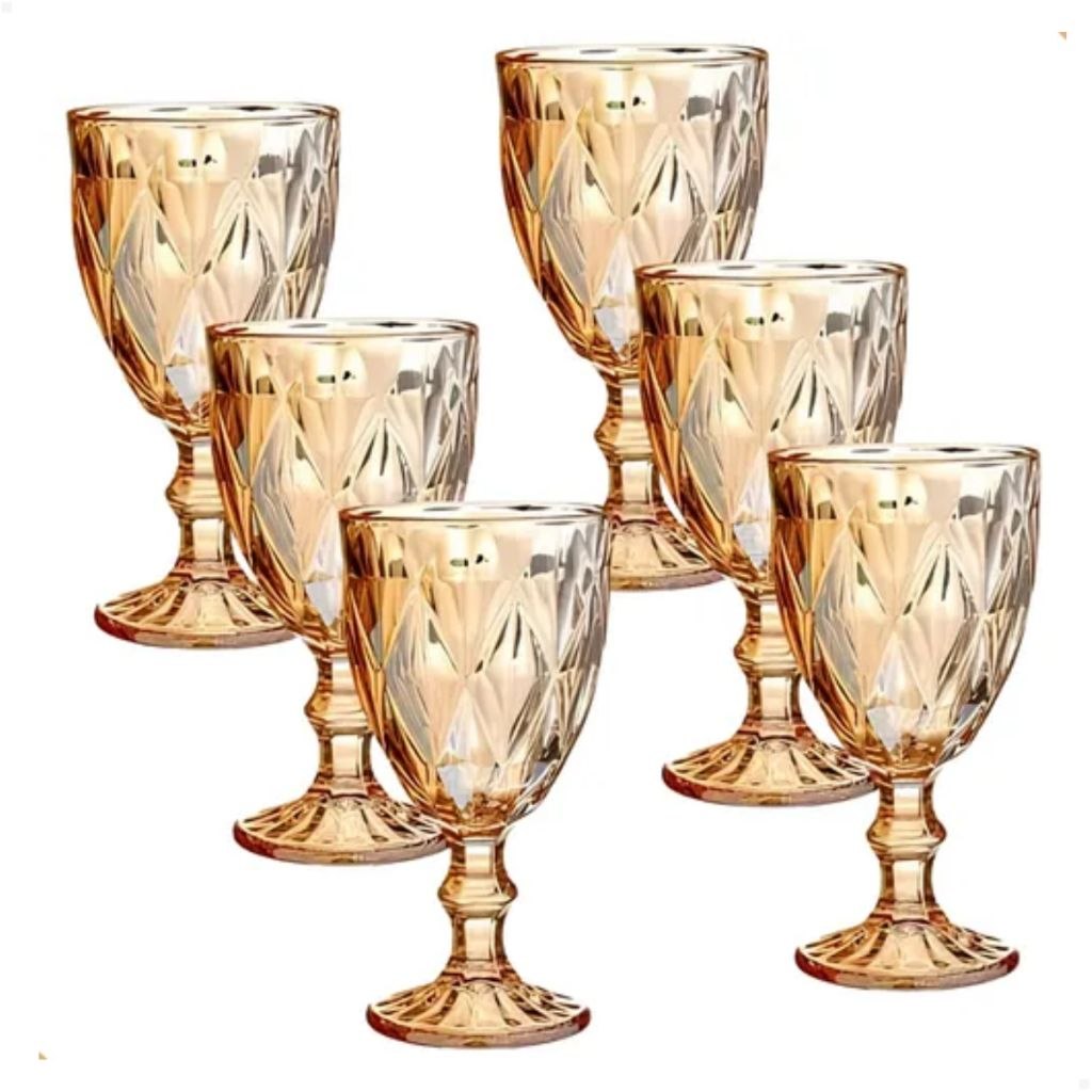 - Jogo 6 Taças Diamond Bico de Jaca Dourado Agua Vinho 340 ml