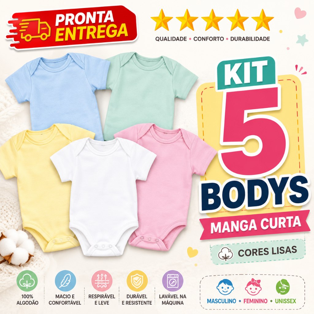 🛍️ Kit 5 Body Manga Curta Liso Infantil Bebê Menino Menina