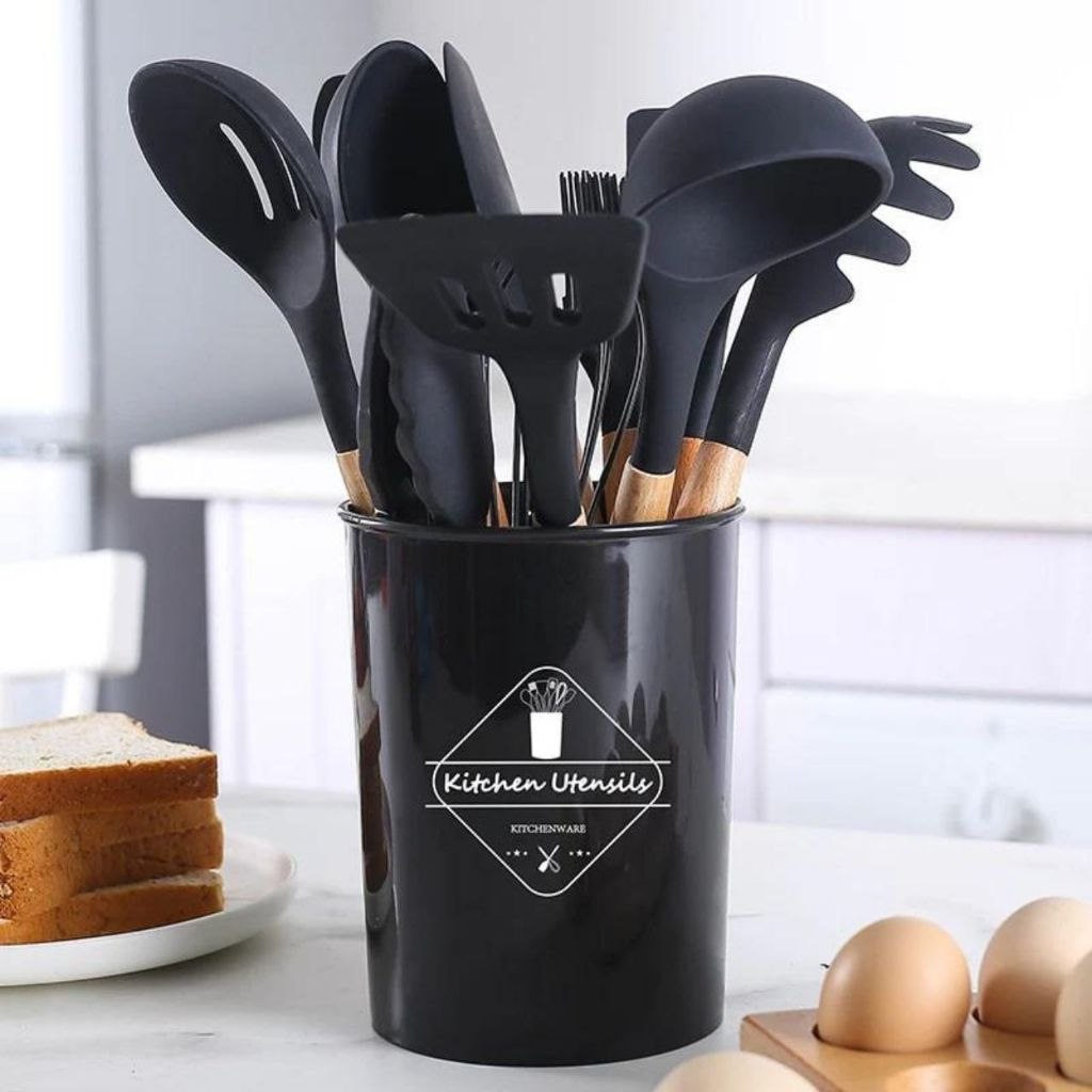 - Jogo de Cozinha Kit C/12 Peças Utensílios de Cozinha em Silicone e Cabo de Madeira Antia