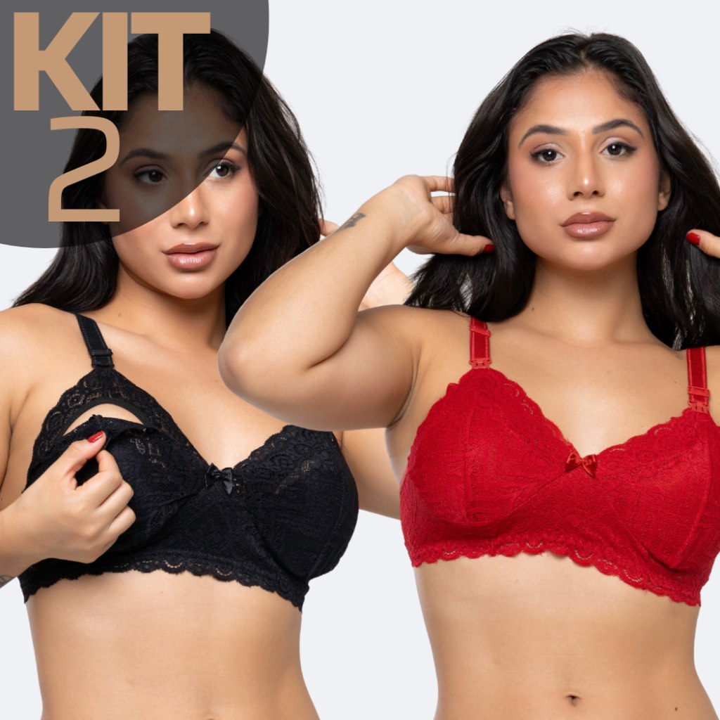 🛍️ KIT 2 Sutiã Amamentação Renda Sem Bojo Sem Aro Reforçado Gestante Pós Parto Para Amame
