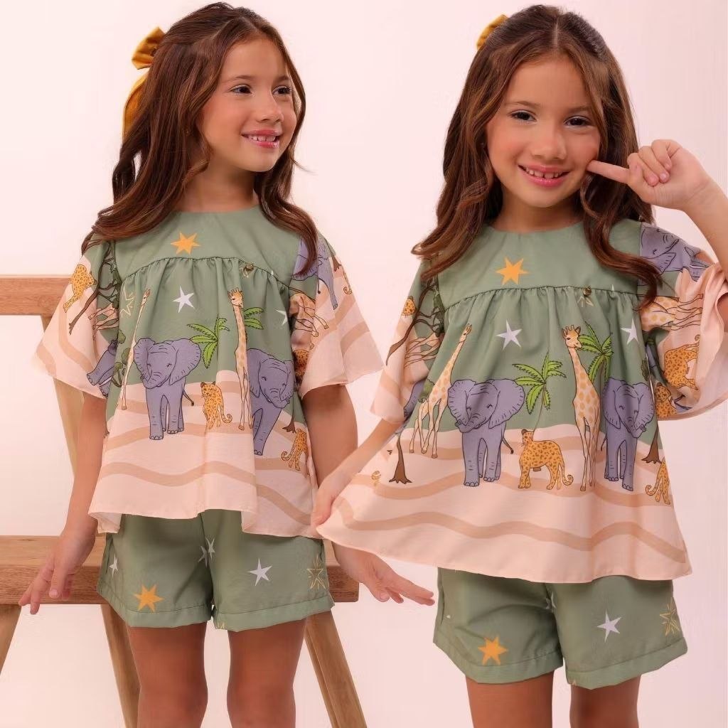 🛍️ Conjunto Infantil Menina Estampado Cores Verão Casual Festa Aniversario Blogueirinha S