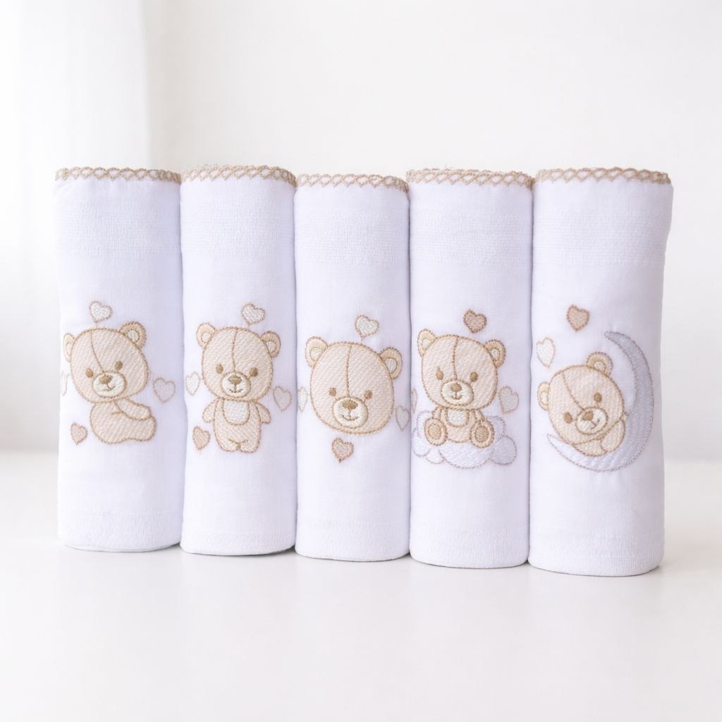 🛍️ Kit Fralda de Pano Bordada Bebê Recém Nascido 5 Peças 100% Algodão Maternidade Enxoval