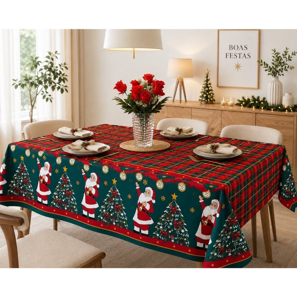 - Toalha de Mesa Natalina 4, 6 e 8 Lugares Oxford Natal Estampada Papai Noel Vermelho Verd