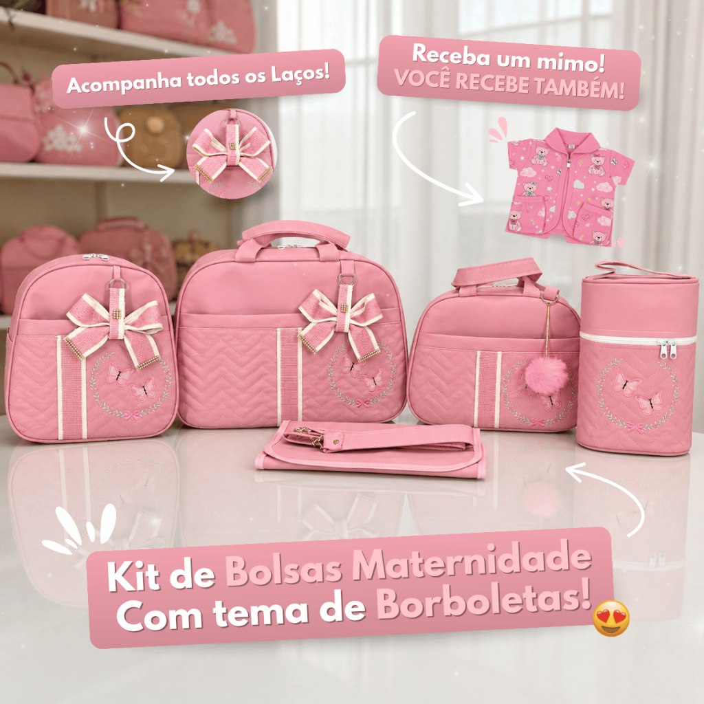 🛍️ Bolsa para Meninas Enxoval Saída Maternidade Kit Completo com 5 peças com Borboletas
