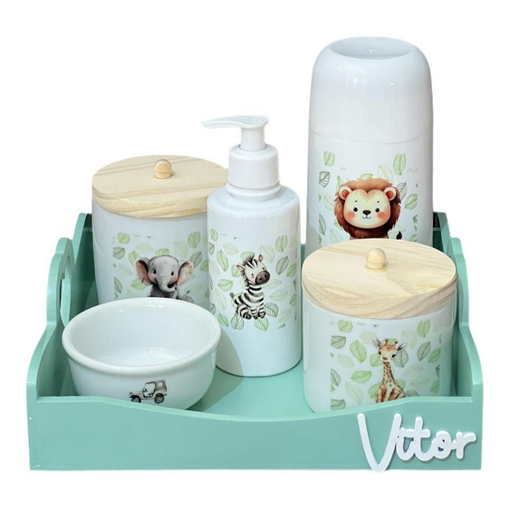 🛍️ Kit Higiene Bebê Porcelana Safari Bandeja Coração Verde  Pinus Adesivo Dtf Uv Com Nome