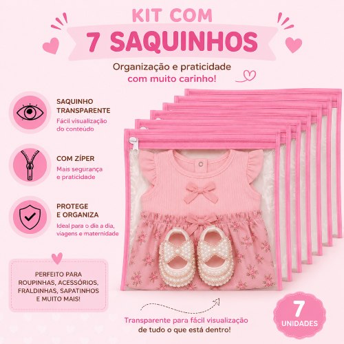 🛍️ Kit 7 Saquinhos Maternidade Organizador Mala Bebê  Mala/Viagem/Roupa Molhada e Seca