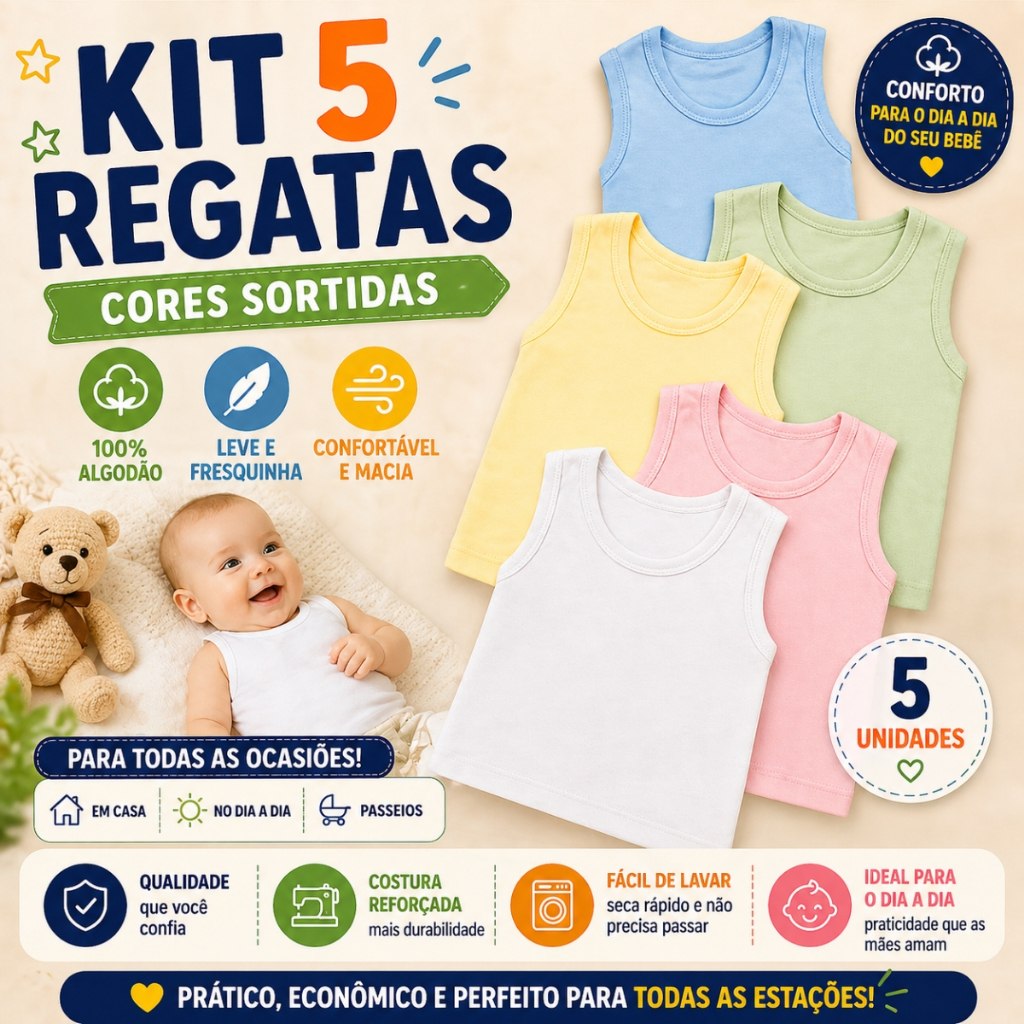 🛍️ Kit 5 Camisetas Regata Bebê Menino Menina