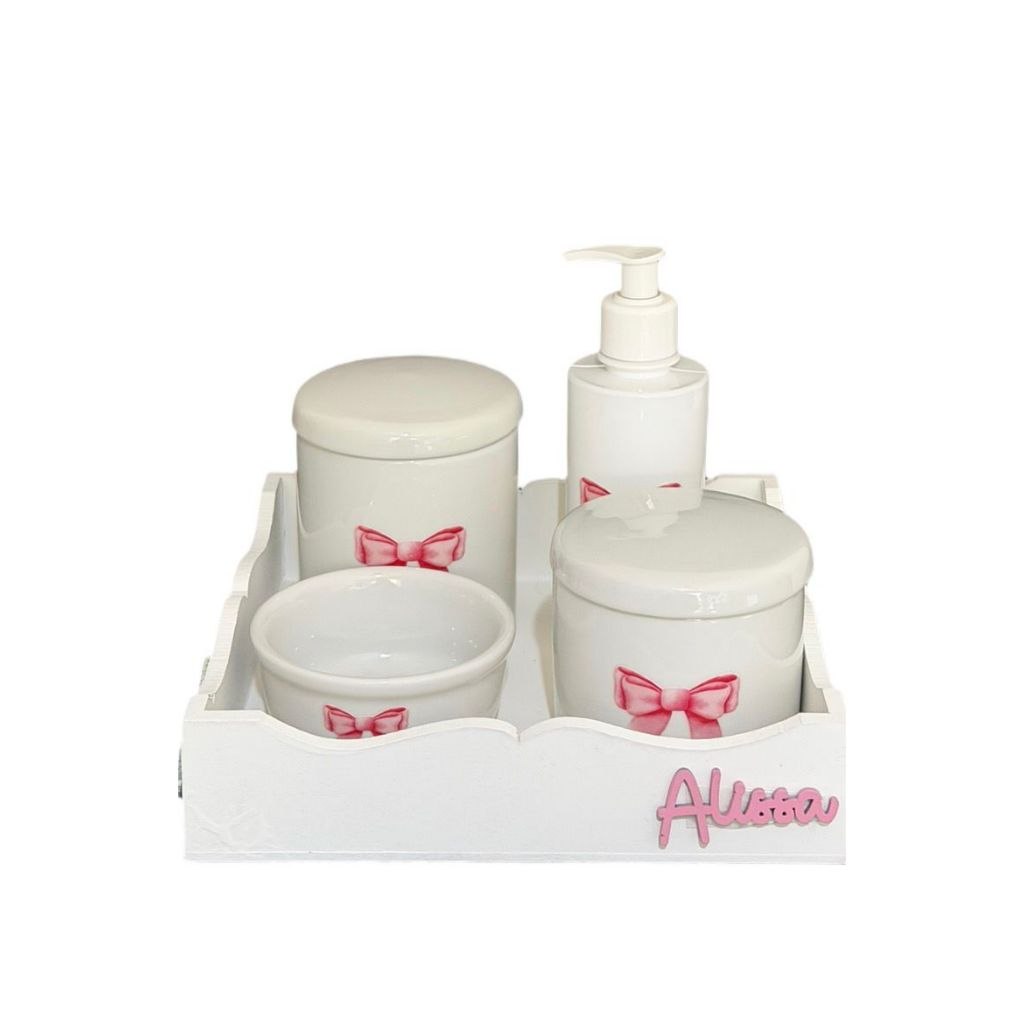 🛍️ Kit Higiene Bebê Porcelana Lacinho ou Bailarina Bandeja Ondinha Adesivo Dtf Uv Com Nom
