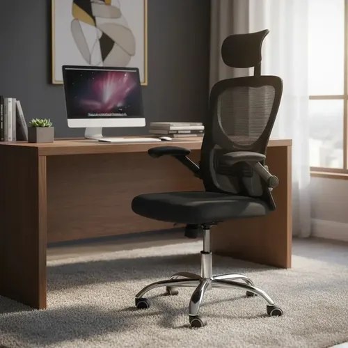 🛍️ Cadeira De Escritório Ergonômica Ravena Apoio Lombar E Nuca Preto Espuma, Mesh Respirá