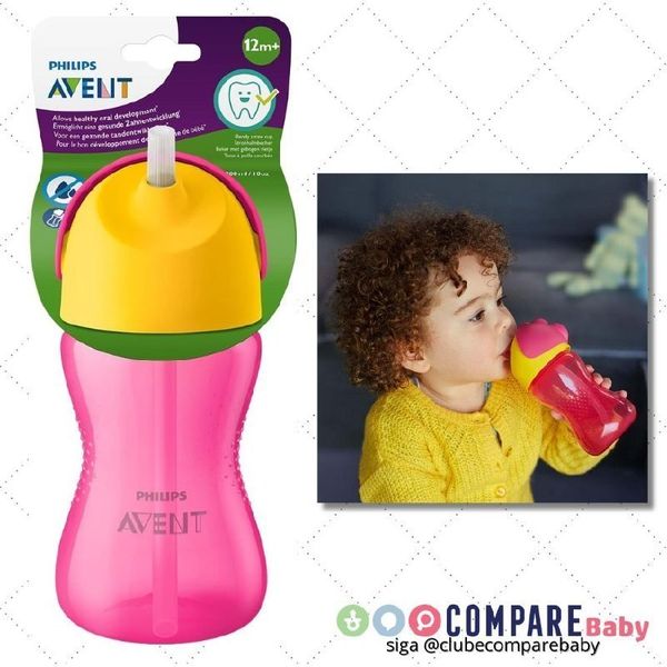 😍 Copo com canudo Dinossauro 300 ml, Philips Avent, Rosa/Amarelo