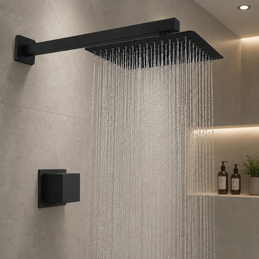 - kit Chuveiro Inox Quadrado 20x20 Preto Articulado com Acabamento para Banheiro, Piscina