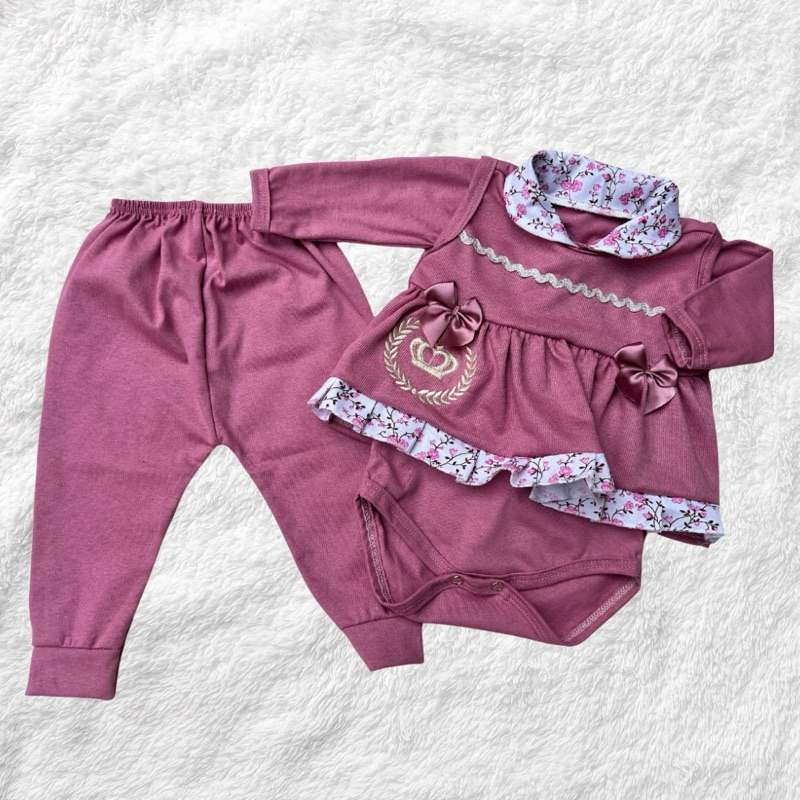 🛍️ Conjunto Pagão Feminino 3 peças Roupa de Bebê 100% Algodão