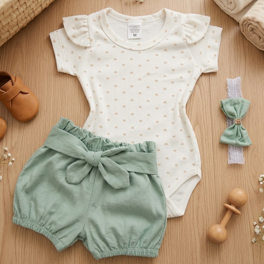 🛍️ Conjunto Casual De Verão Para Bebê Roupa De Menina Body De Manga Curta Com Babados 100