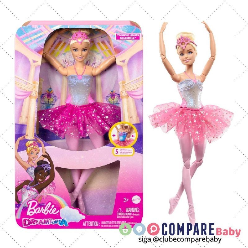 😍 Barbie Fantasia Boneca Bailarina Luzes Brilhantes Rosa