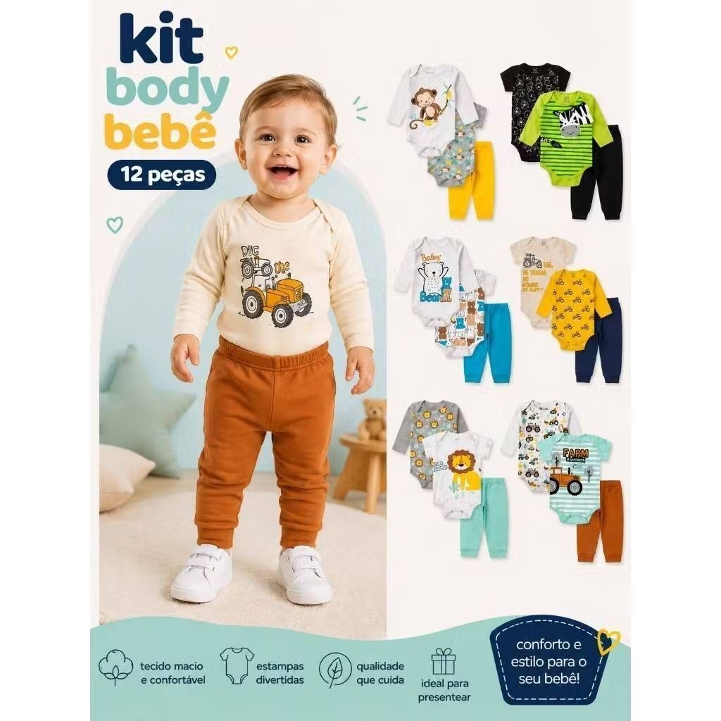 🛍️ Kit Body Longo 12 Peças Menino Sortido (4 Kits De 3 Peças) inverno / verão Roupa de Me