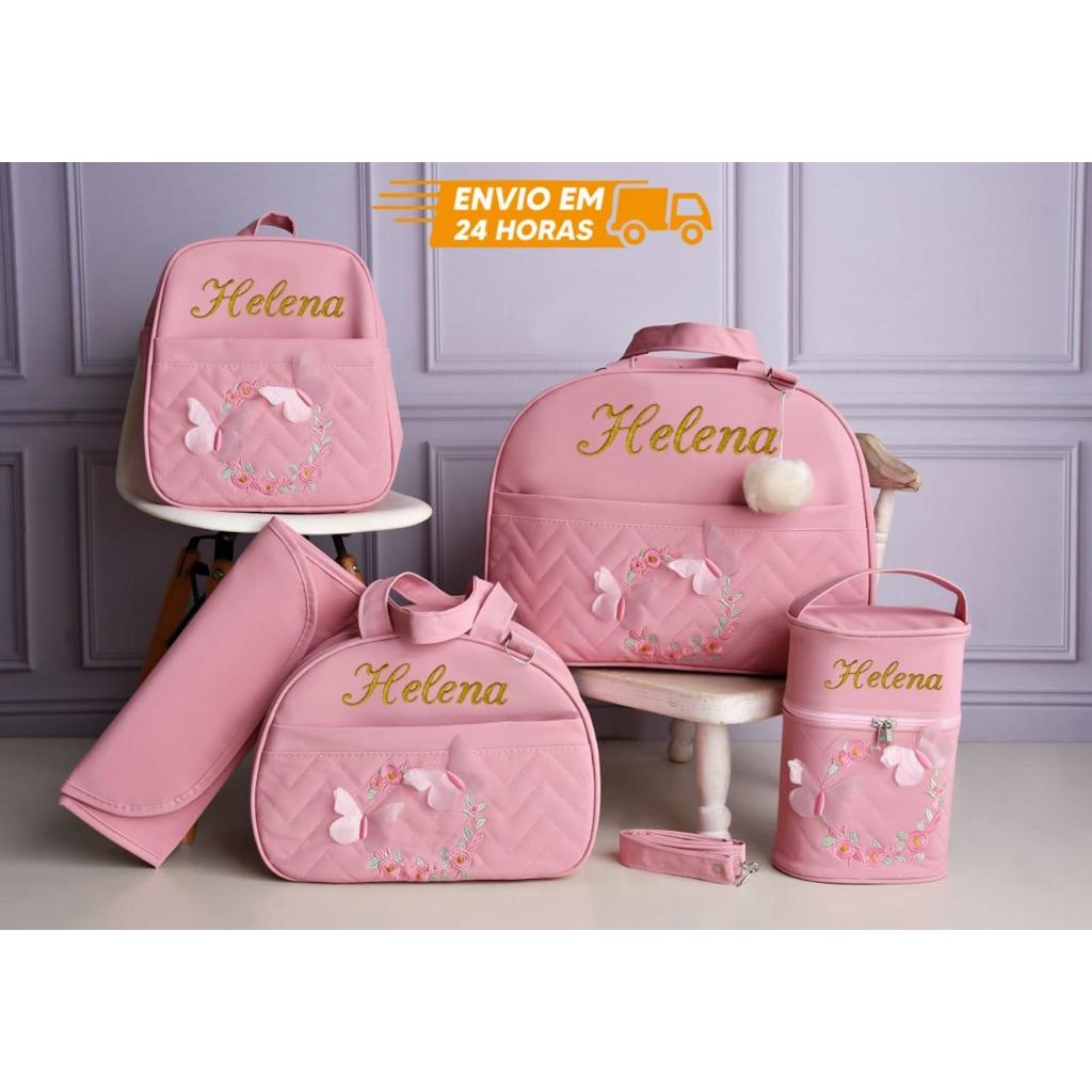 🛍️ Kit bolsa maternidade borboleta para menina 5 peças (personalizado)