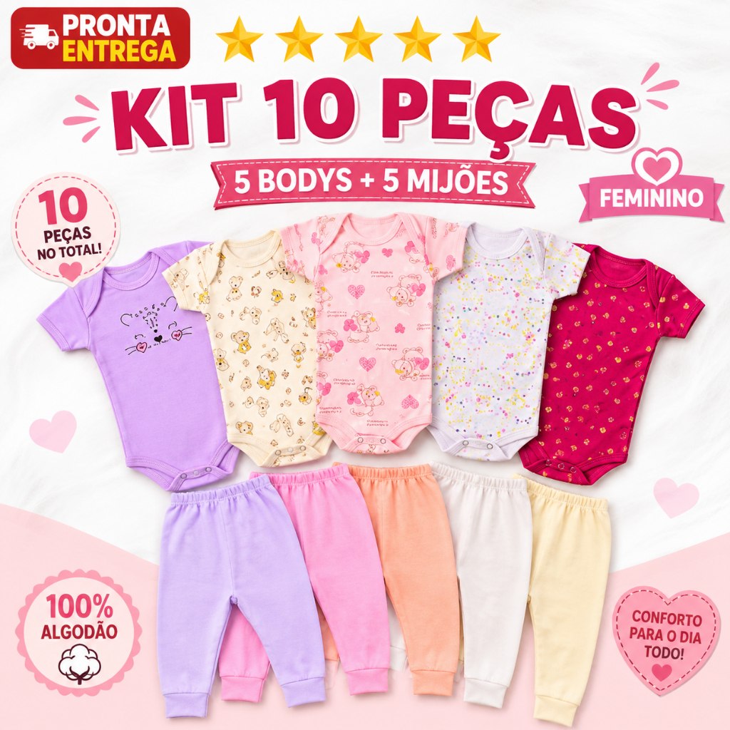 🛍️ Kit 10 Peças Roupinhas de Bebê Body E Mijão Para Menina