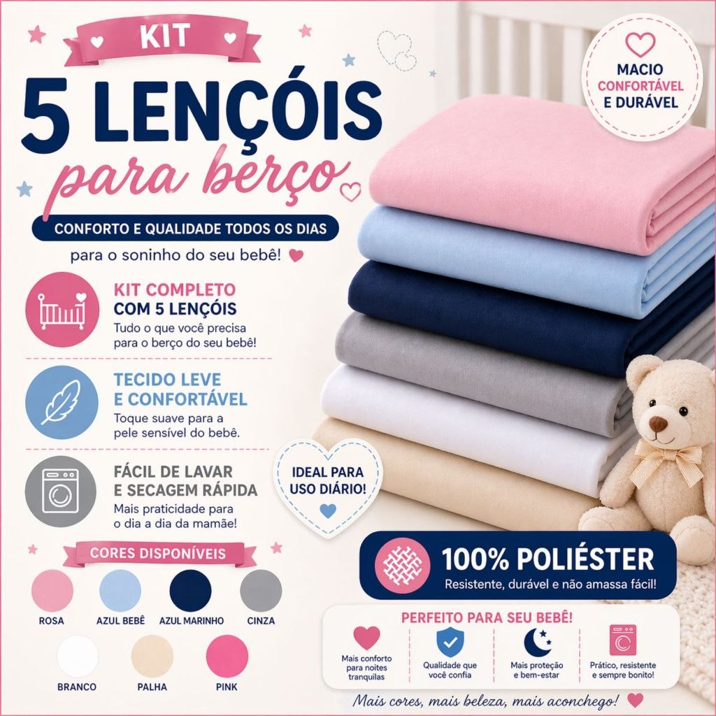 🛍️ Kit 5 lençol de berço americano padrão avulso com elástico 100% poliéster