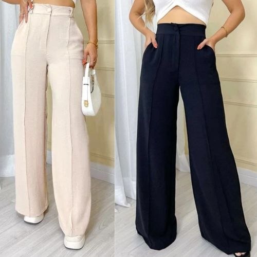 🛍️ Calça Pantalona Feminina Wide Leg Cintura Alta Tecido Crepe Dunas P ao GG Disponível n