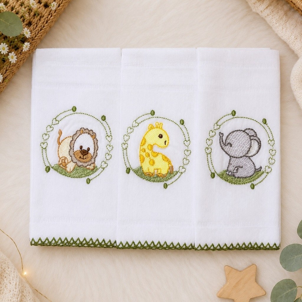 🛍️ Pano de Boca Bordada para Bebe 100% Algodão com 3unid Babete Fralda de Boca