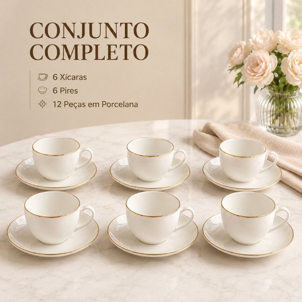 - Conjunto 6 Xícaras Porcelana Branca 85 ml Pires Madeira Café Chá Mesa Café Manhã Mesa Po