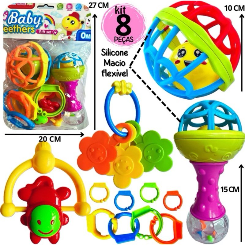 🛍️ Kit Brinquedo Bebe Chocalho Mordedor Silicone Macio Bola Colorida 8 Peça Presente Para