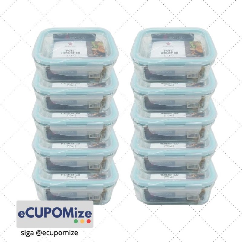 😍 Pote de Vidro Hermético 370ml Retangular Kit 10 Unidades Marmita