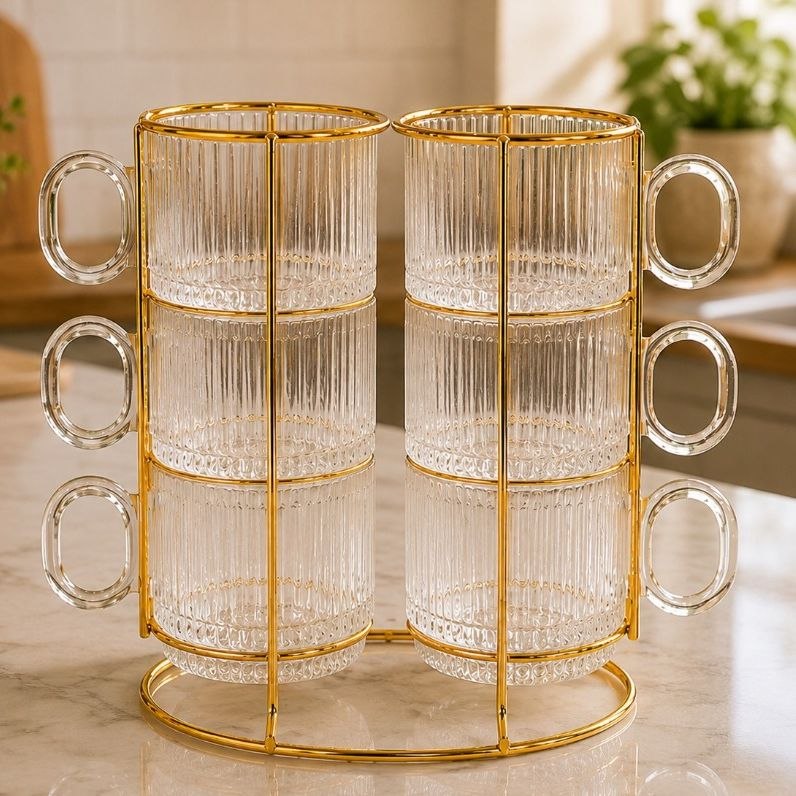 - Conjunto 6 Xícaras Graffiato 170ml + Suporte Metal Dourado