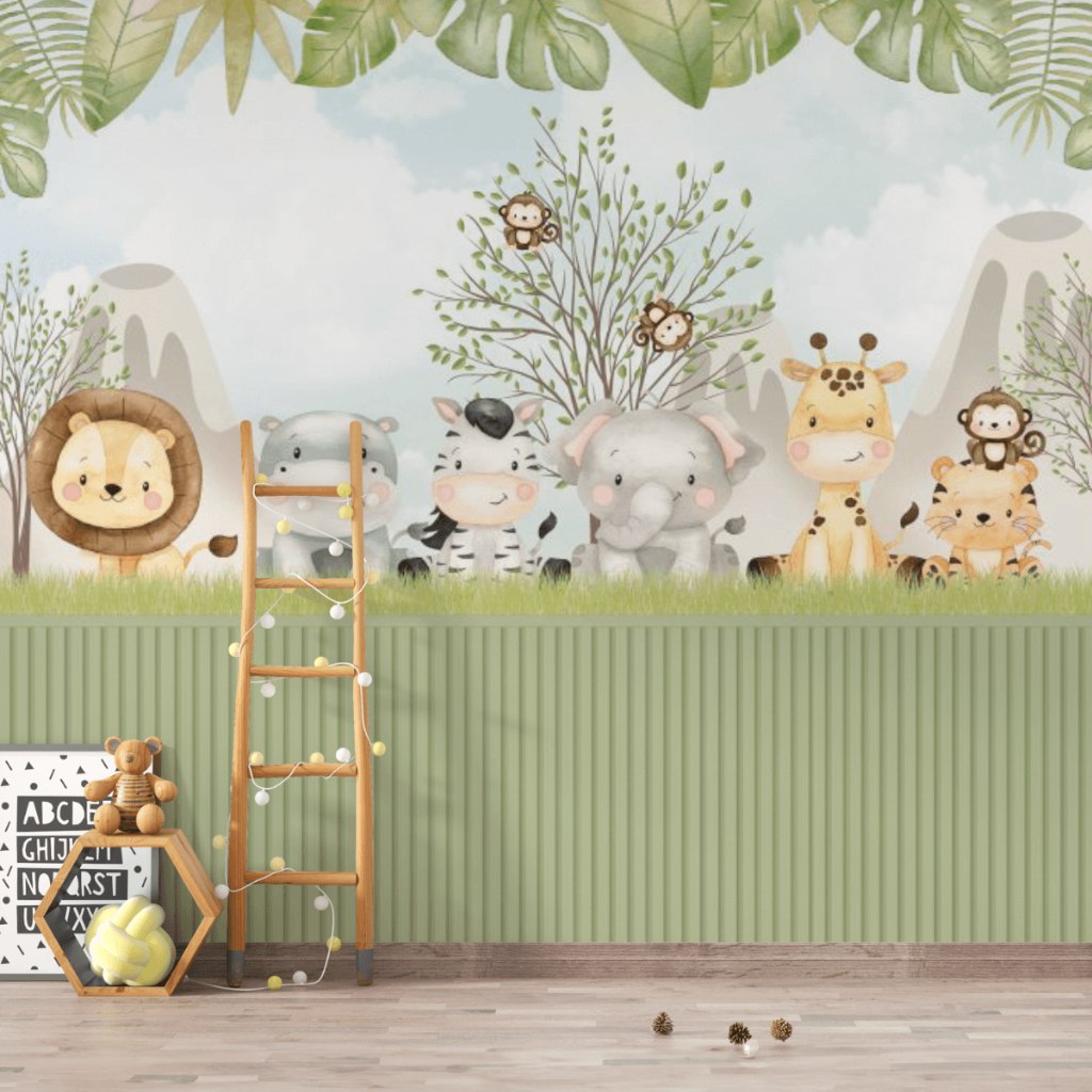 🛍️ Papel de Parede Safari Animais Fofinhos - Infantil - Quarto de Bebê Fofo Decor m² (orç