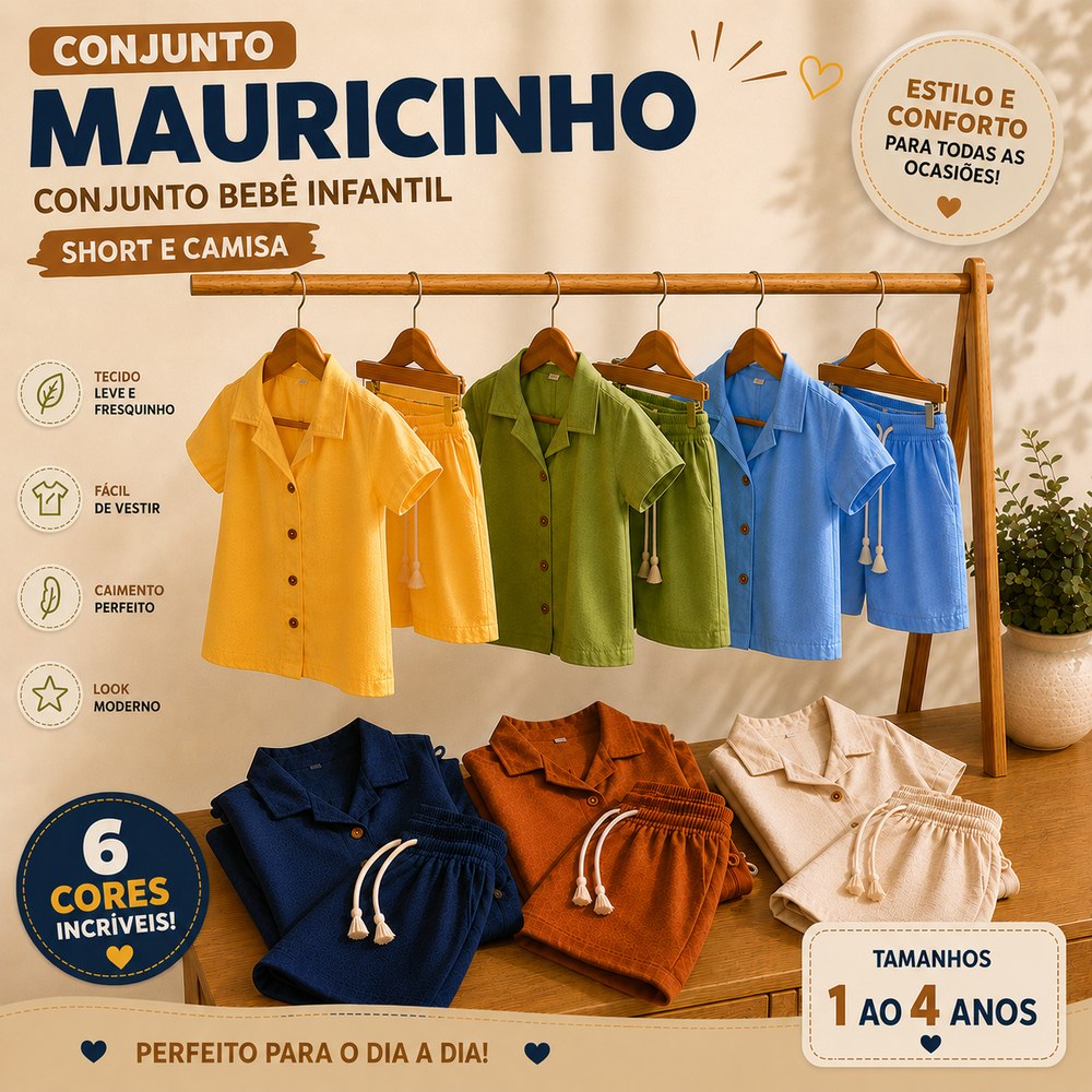 🛍️ Conjunto bebê Infantil Mauricinho - Short e Camisa - roupa de menino