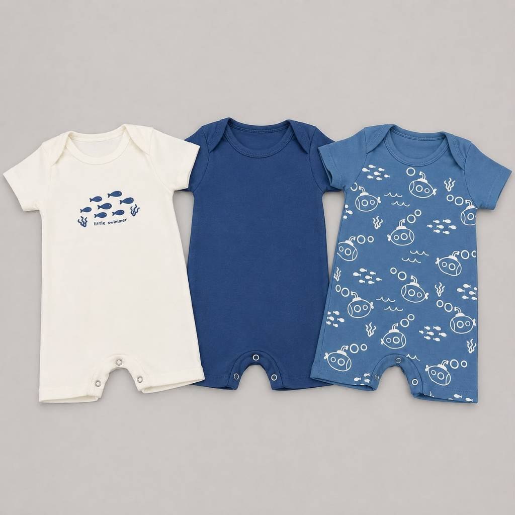 🛍️ Kit 3 Romper Minimalista Macacão Infantil Liso Estampado Manga Curta