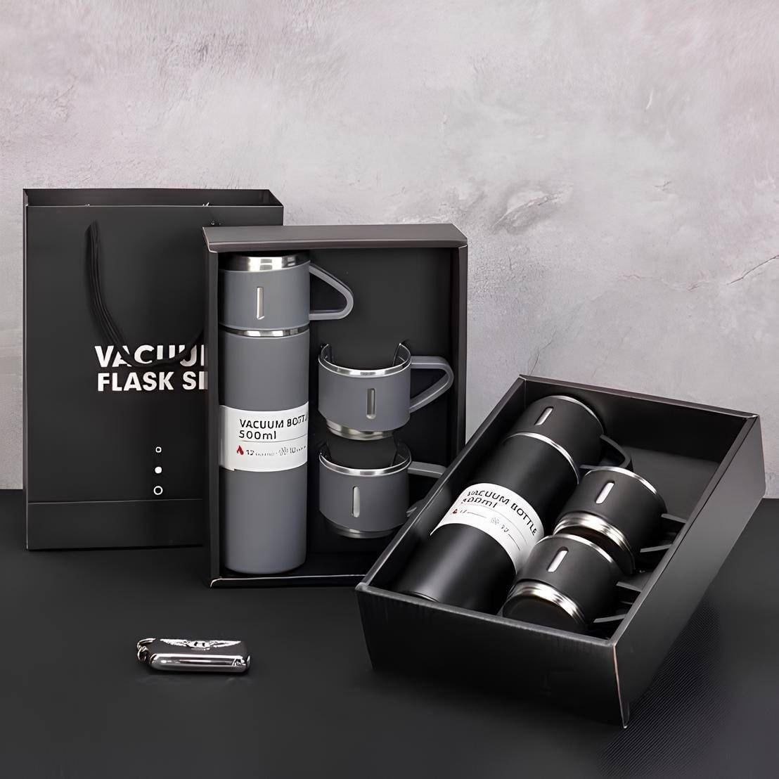 Caneca Kit Garrafa Térmica Vacuum Bottle Inox 500ml + 3 Xícara