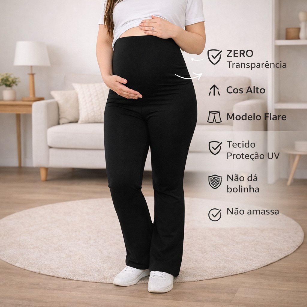 🛍️ Calça Legging Gestante Flare Cós Alto Conforto Sustentação Zero Transparência  Proteçã