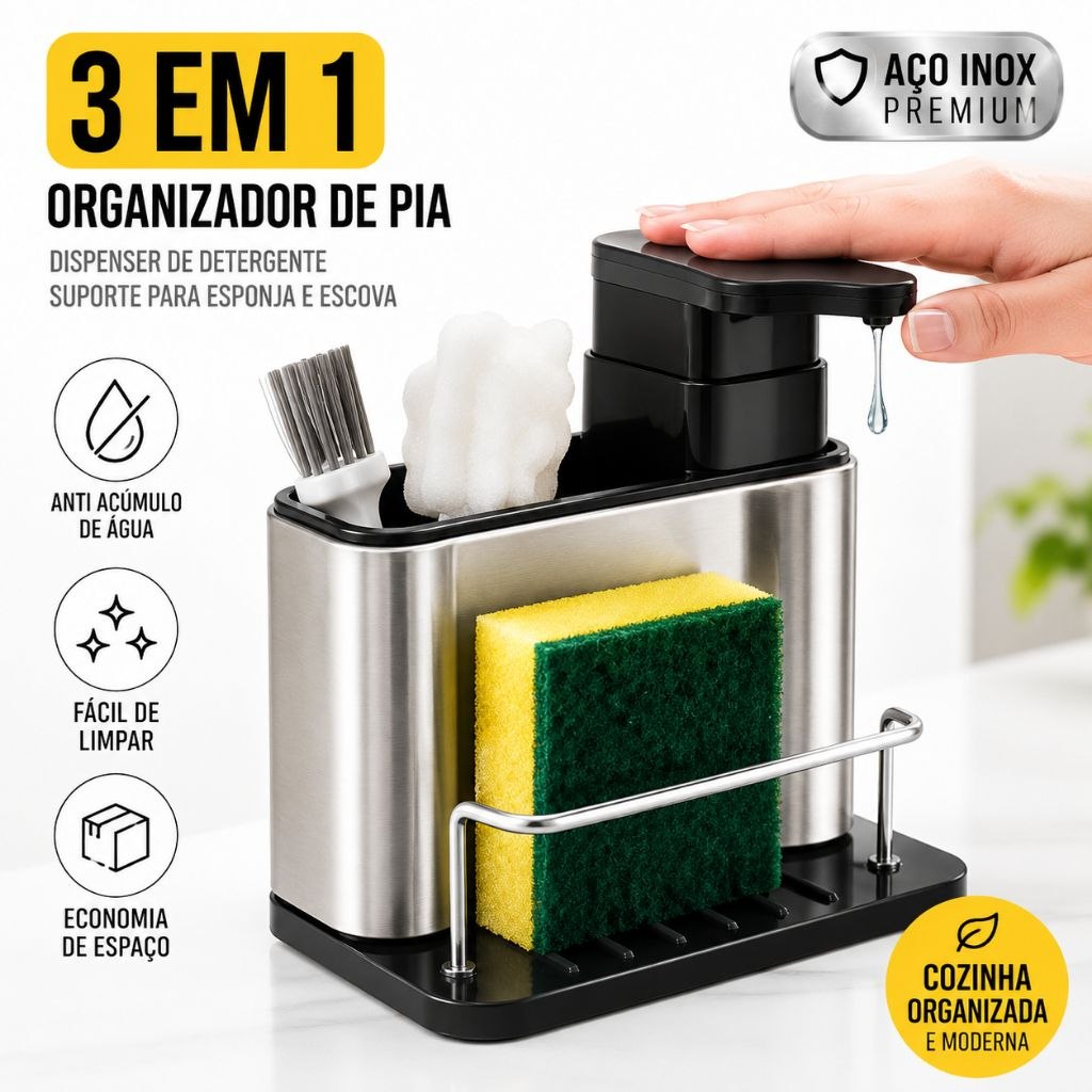 - Organizador de Pia 3 em 1 em Aço Inox com Dispensador de Detergente e Suporte para Espon