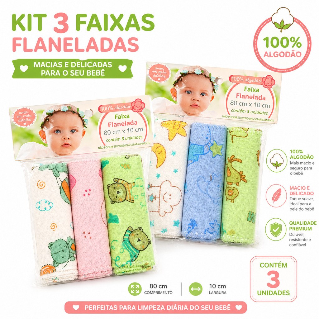 🛍️ Faixa Umbilical para bebê com 3 unidades 100% Algodão flanelado (faixa de umbigo) Para