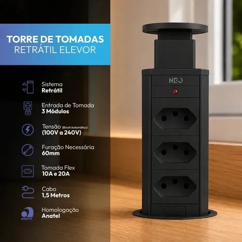 🛍️ Torre de Tomada Embutir Neo Avant Preta 3 Tomadas Flex 10A 20A Bivolt