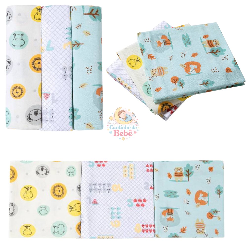 🛍️ Kit 3 Cueiro Flanelado Papi Karinho Estampado 100x80cm para Bebê – Macio, Quentinho e