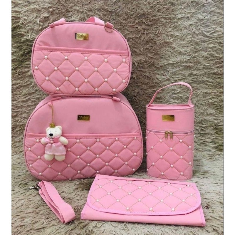 🛍️ Bolsa Maternidade Kit 4 Peças com Urso l Térmica e Impermeável l Trocador e Porta Mama