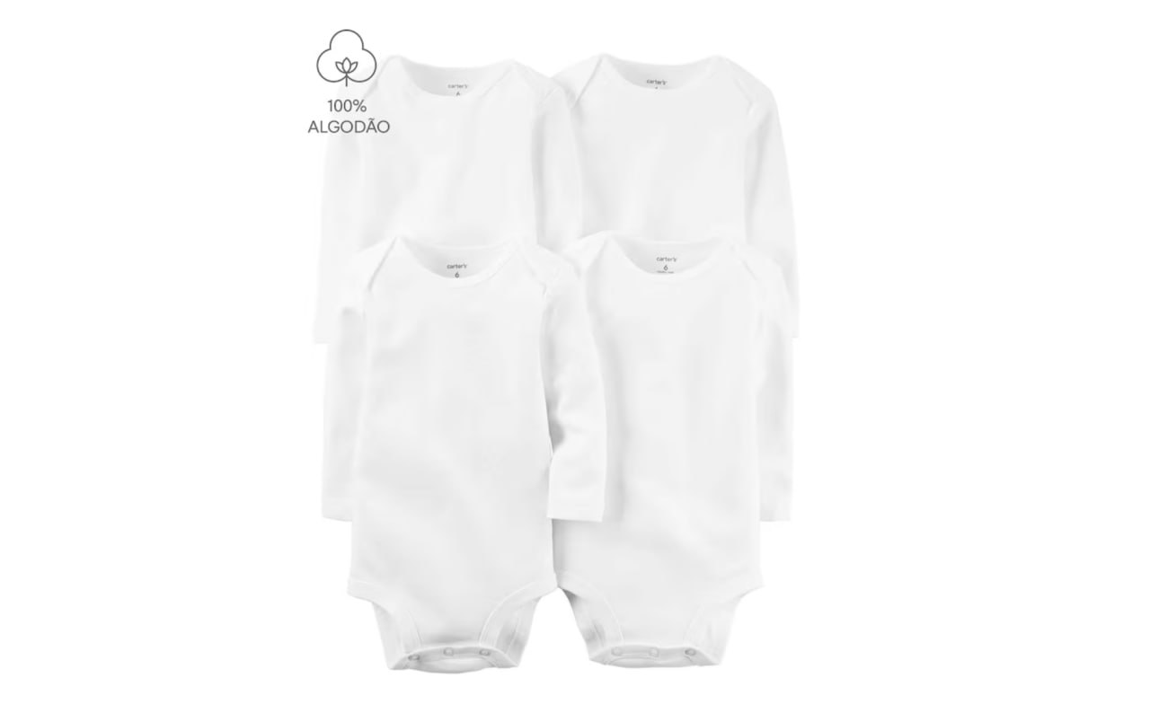 🫧 Kit body bebê 4 peças manga longa - branco | Carter's