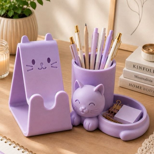 - Kit Organizador Gatinho Porta Canetas + Suporte Celular Decorativo Premium