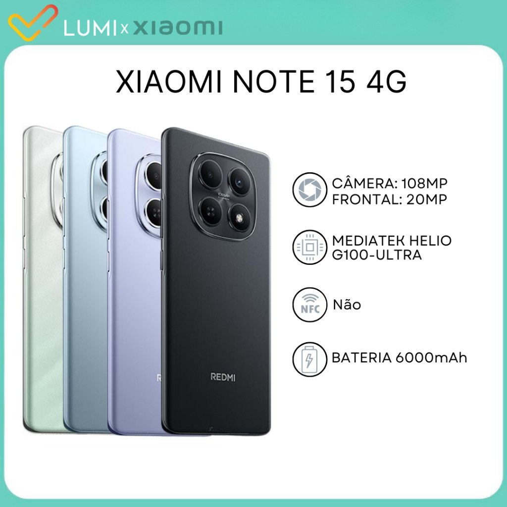 🛍 Xiaomi Redmi Note 15 4G, Câmera 108 MP, Bateria 6000mAh,128GB, Processador Hélio G100-U