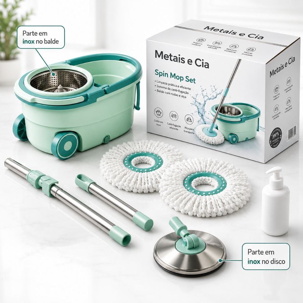 - Spin Mop Giratório Balde Esfregão 360° Inox Com Rodinhas 2 Refis Cabo Ajustável Dosador