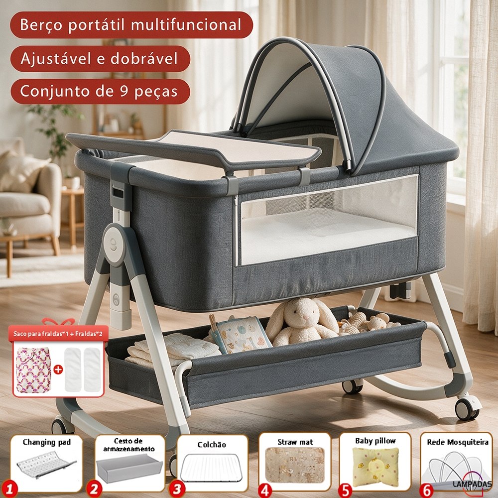🛍️ Berço Portátil Com Mosquiteiro Cama De Duas Camas 0-3 Anos Fecho De Segurança 3 Em 1 A