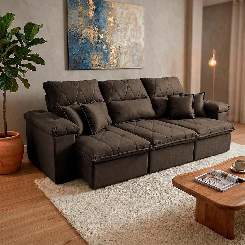 - Sofá Retrátil/Reclinável Trento 2,30m Suede Velut Marrom c/ Molas no Assento - King Hous
